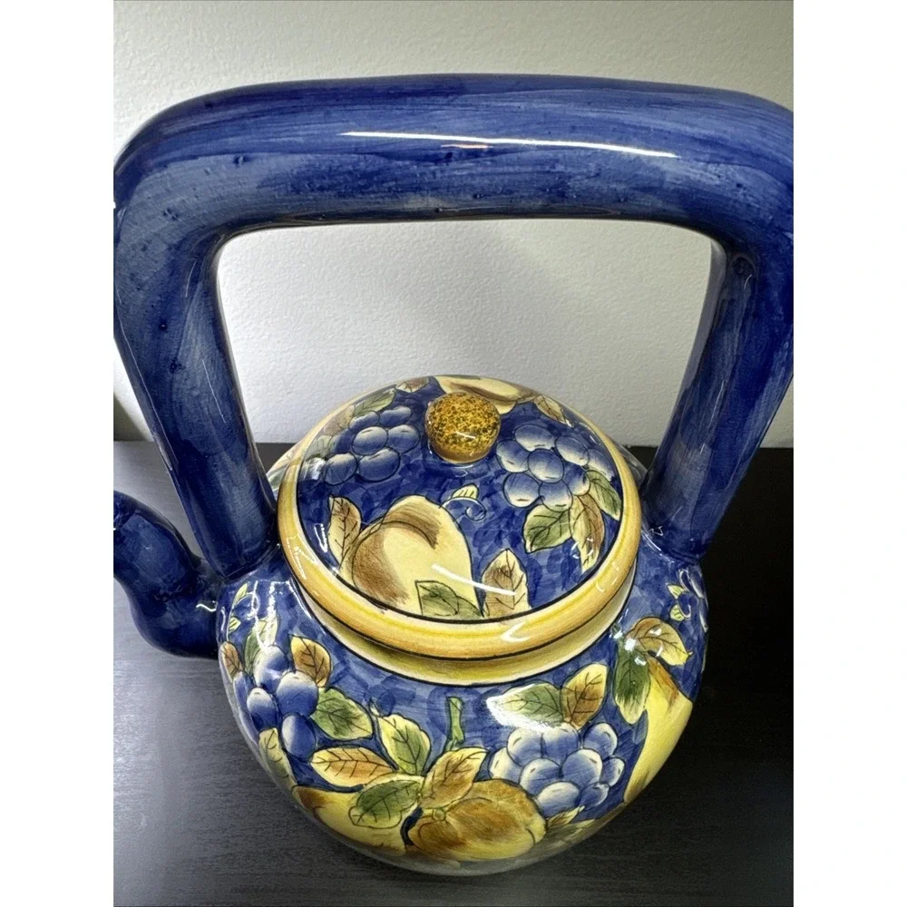 Lg Vtg Ceramic Pottery Teapot With‎ Lid Colorful Cobalt Blue Yellow Pears